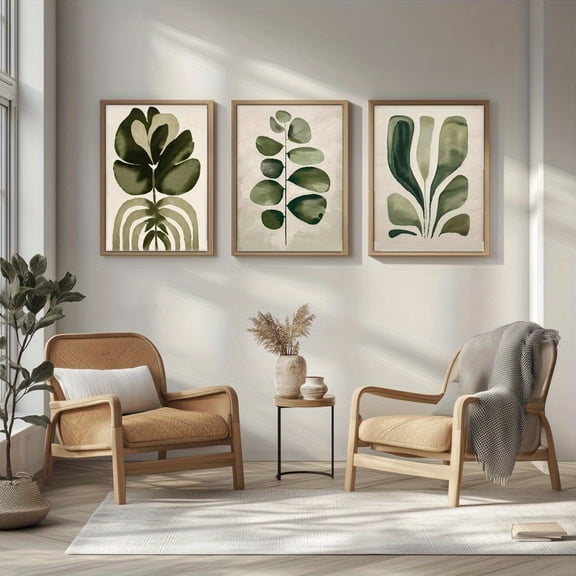 3pcs Framed Canvas Prints, Elegant Wall Art for Any Setting - Wooden Frame Decor Scandinavian Decor, Boho Wall Art, Botanical Art Print, Leaf Print, Sage Green, Beige Background, Home and Dorm Wall