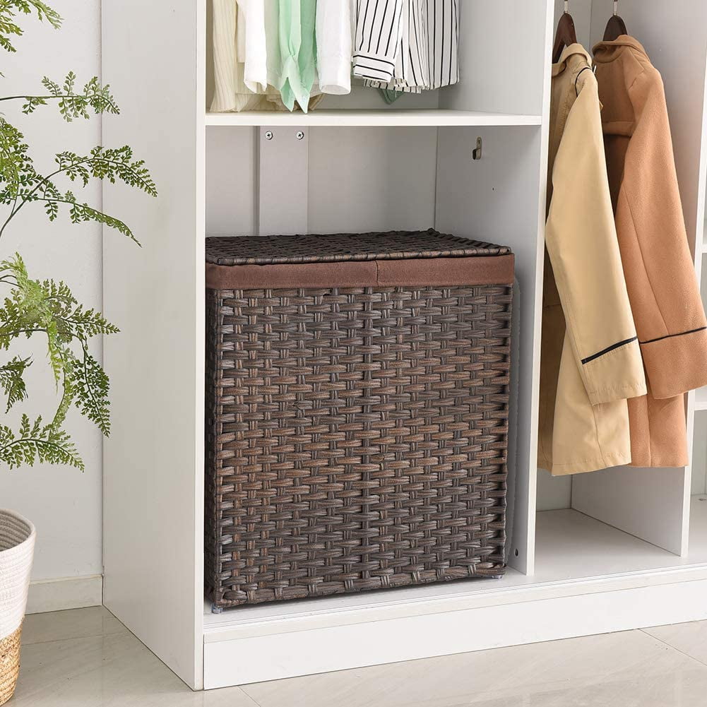 Private Jungle Divided Laundry Hamper,Synthetic Rattan Handwoven Clothes Laundry Basket with Lid and Handles,Foldable,Removable Liner Bag,Brown Private Jungle Divided Laundry Hamper,Synthetic Rattan Handwoven Clothes Laundry Basket with Lid and Handles,Foldable,Removable Liner Bag,Brown