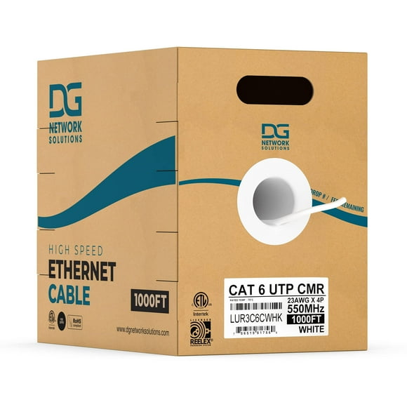 DG Cat6 Riser (CMR), 1000ft, Unshielded, 23AWG, Solid Bare Copper, Up to 10Gb Speeds, No Spline, Faster-Easier Terminations, 550MHz, ETL Listed, Indoor/Home/Commercial Use, Bulk Ethernet Cable, White
