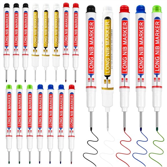 ICERUN 20 Pcs Long Nib Marker 20Mm Long Head Deep Hole Marker Pens Deep Reach Permanent Paint Markers Marking Pen for Metal Drilling Construction Carpenter(Black,White,Blue,Red,Green)