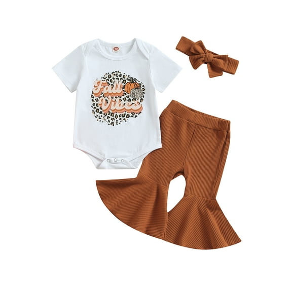 Douhoow 2pcs Baby Girl Thanksgiving Clothes Short Sleeve Pumpkin Romper Rib Flare Pants