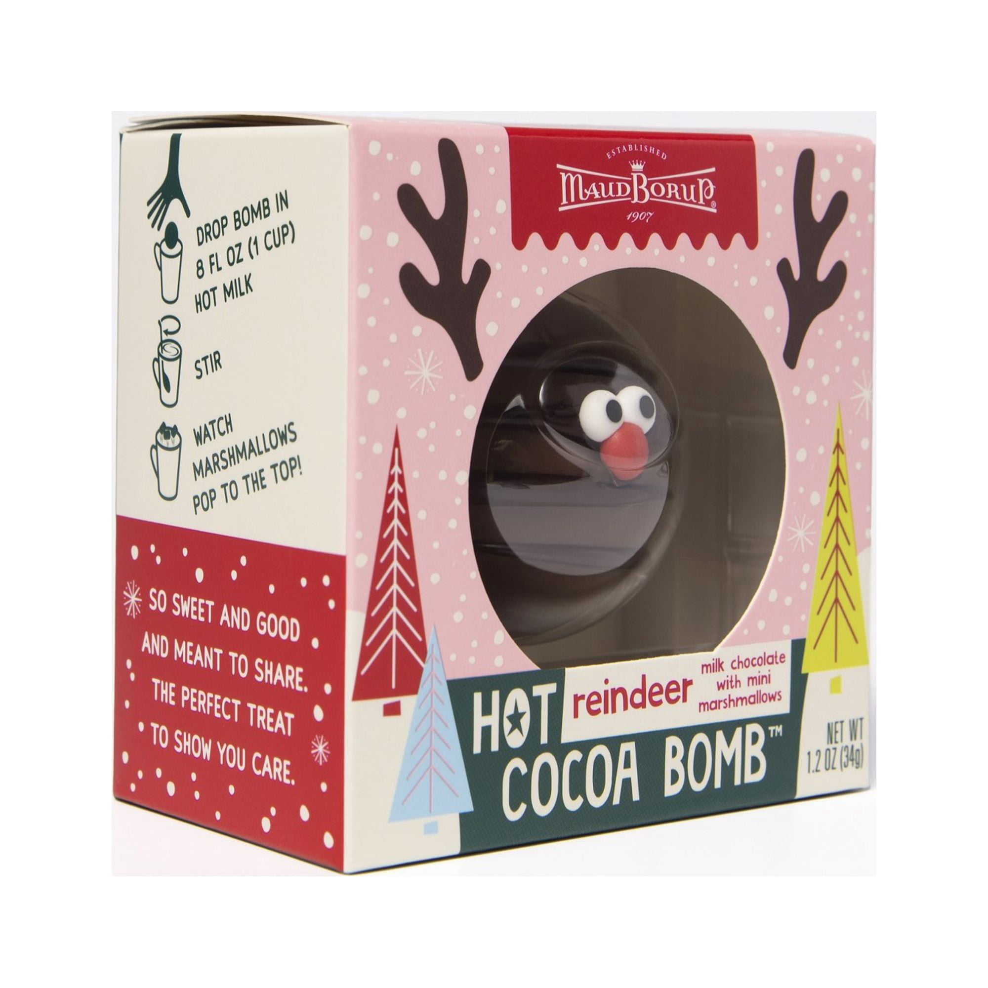 (2 pack) Maud Borup Milk Chocolate Reindeer Hot Cocoa Bomb with Mini Marshmallows,1.2 oz, Seasonal Holiday Treat & Gift
