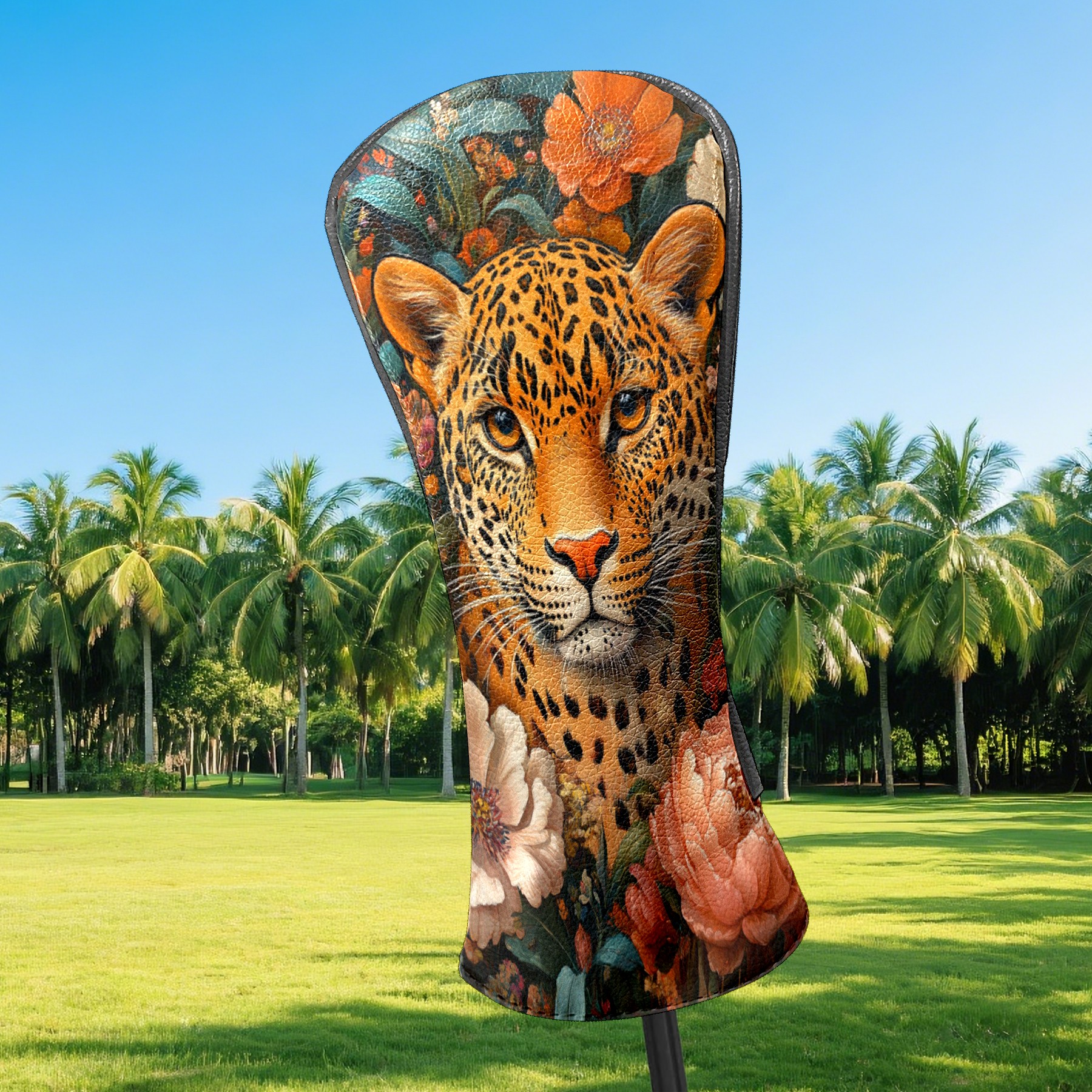 Golf Club Covers PU Leather Waterproof Head Covers for Fairway Woods Hybrids Orange Leopard