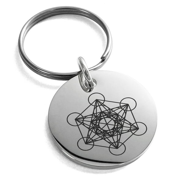 Stainless Steel Metatron’s Cube Engraved Small Medallion Circle Charm Keychain Keyring