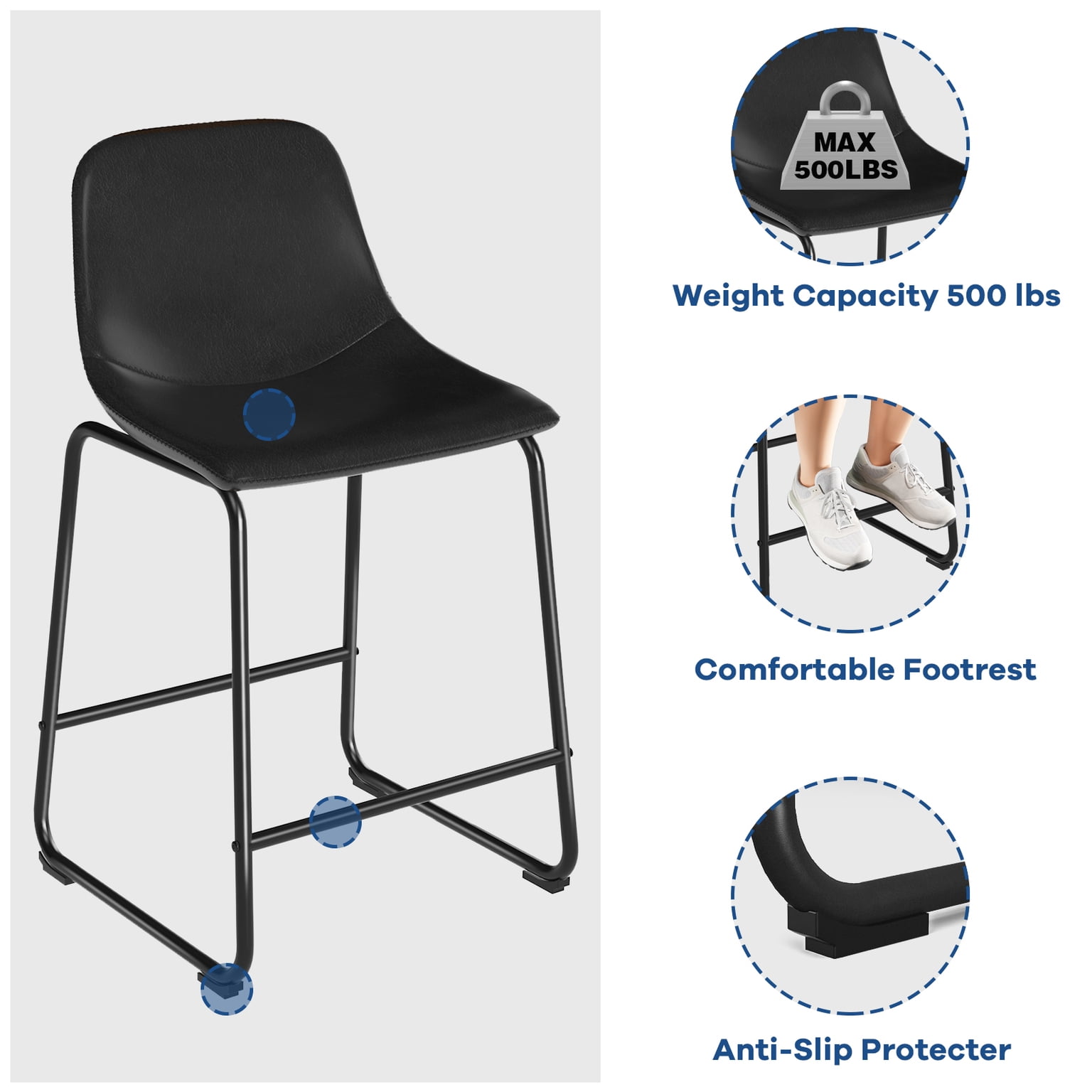 TAVR 24" Bar Stools Set of 3 with Back, Faux Leather for Home, Kitchen, Black