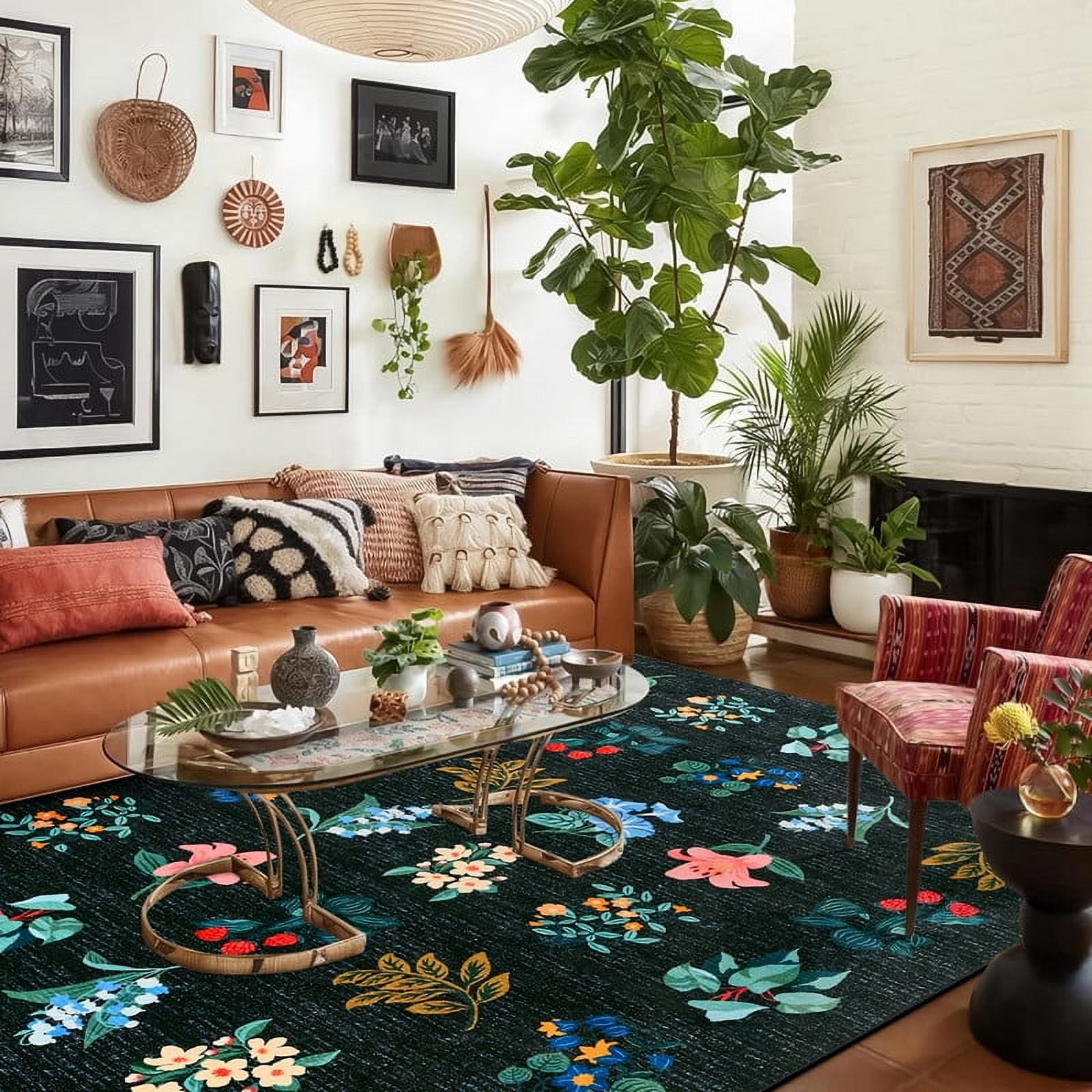 Jamfeel Rugs for Living Room Classic Boho Floral Print Floor Carpets Soft Low Pile Non-slip Washable Area Rug 4'x6' Blue