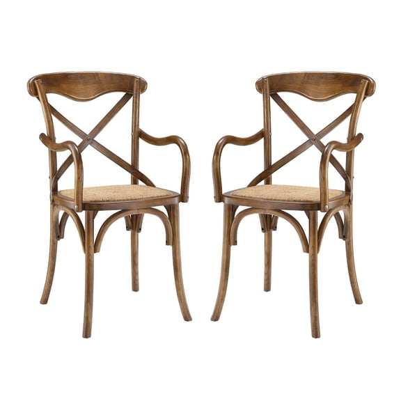 Modway Gear 18.5" Modern Rattan and Wood Dining Armchair in Walnut (Set of 2)