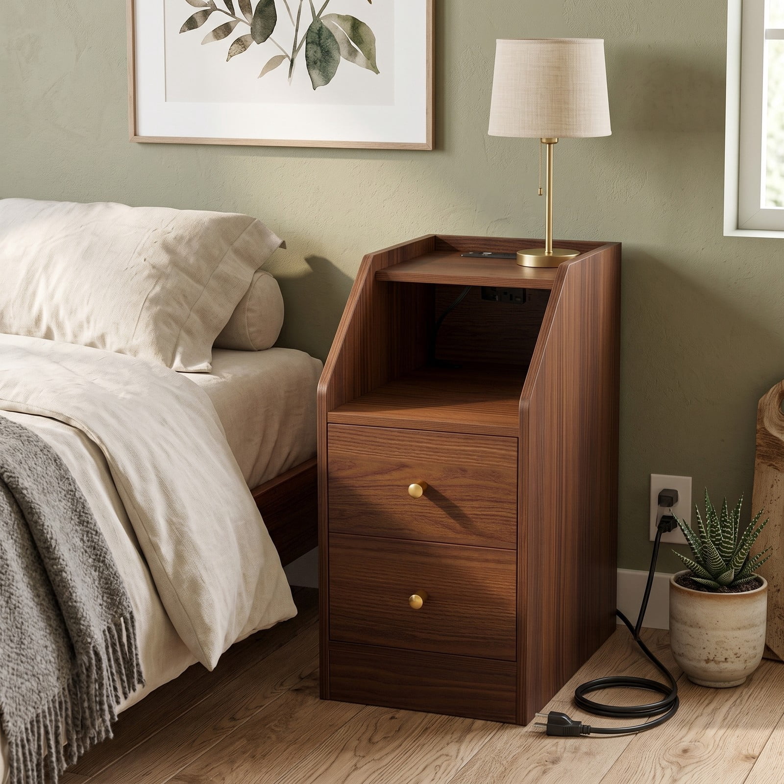 Furnibear Side End Table with Charging Station, Nightstand Sofa Couch Side Table with 2 Drawers, Open Shelf and Cable Hole for Living Room Bedroom, Walnut