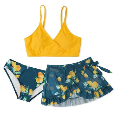 

BULLPIANO 8-12T 3 Piece Swimsuit Girl s Tropical Print Bikini Set Sport Bathing Suit with Shorts(Chest pad removable)