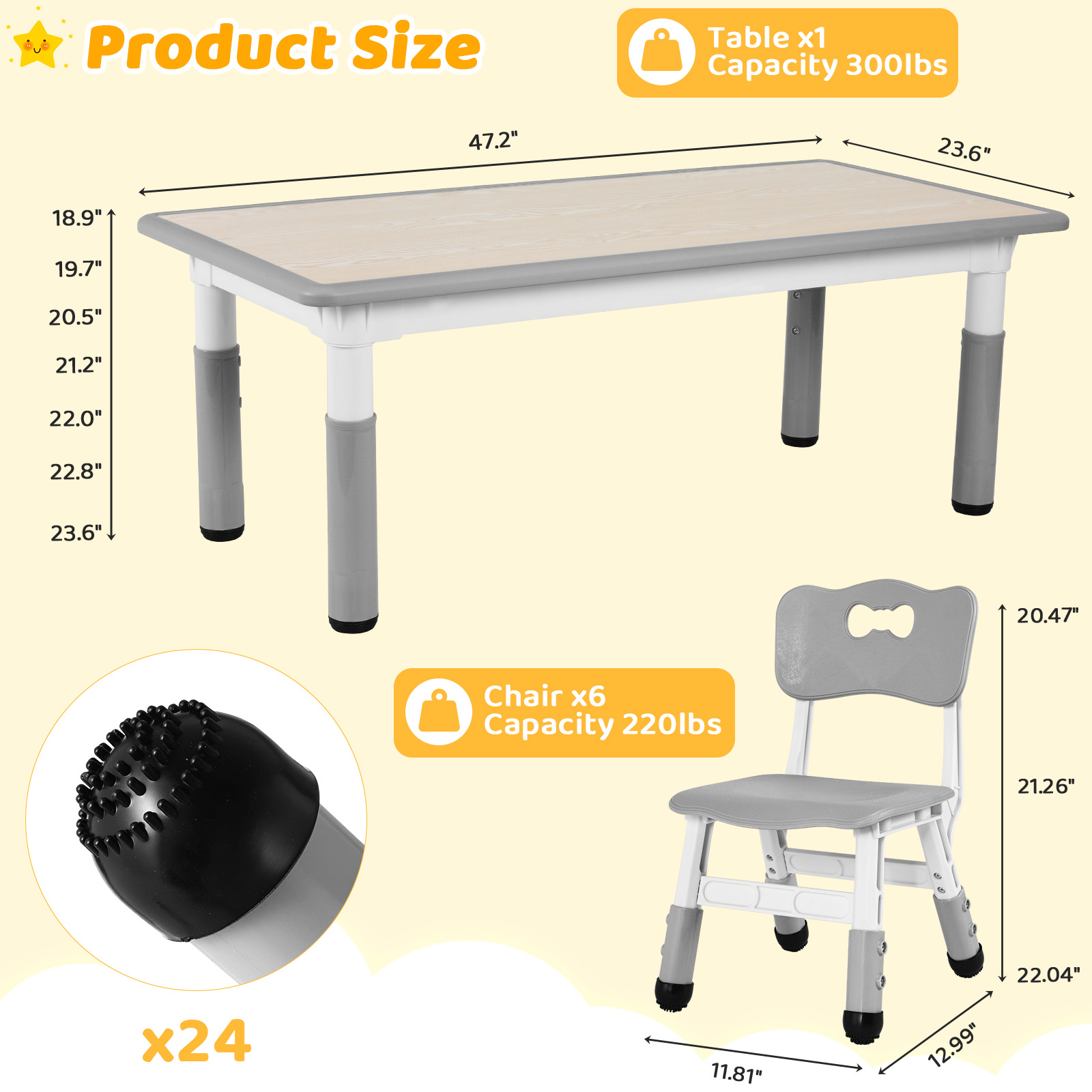 Arlopu Kids Table & 6 Chairs Set, Height Adjustable, Gray photo 2