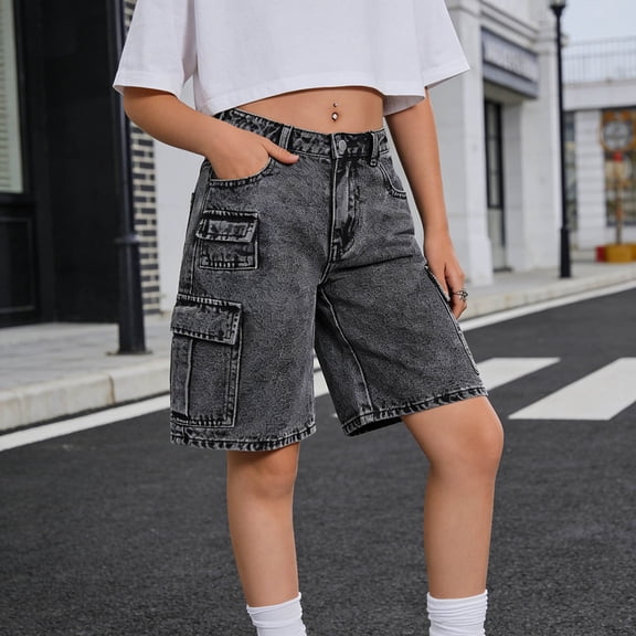 dazeni Teen Girls Cargo Denim Bermuda Shorts 8-14 T Wide Leg High Waist Knee Length Jean Shorts with Pockets Gray 150