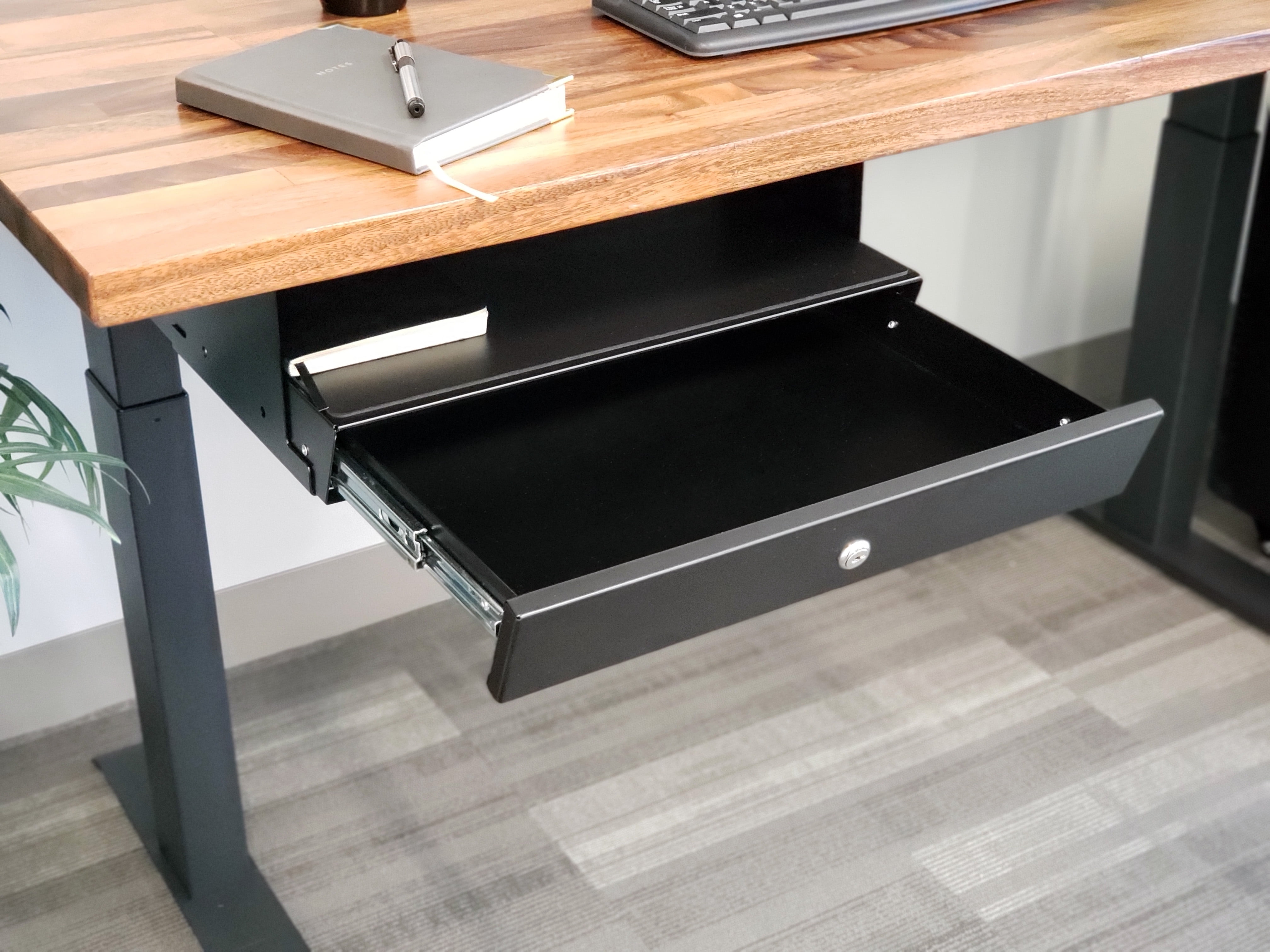 Stand Up Desk Store Add-On Office Sliding Under-Desk Drawer Storage Organizer for Standing Desks (Black, Lockable with Padded Laptop Shelf)