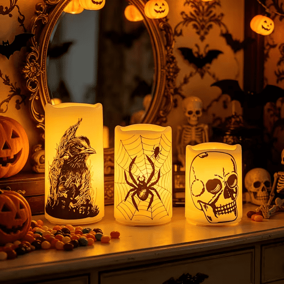 Halloween Flameless Candles 3 Pack with 6 Hour Timer,Battery Operated Real Wax LED Pillar Flickering Candles Warm Light with Castle, Witch, Bats Decal Halloween Decorations Candles