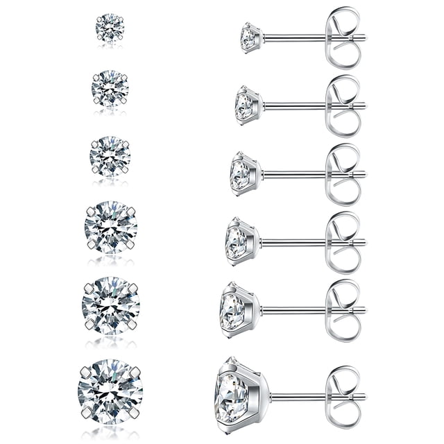 Aretes Wssxc 6 pares de aretes tipo botón de acero inoxidable con circonia cúbica, 3-8 mm