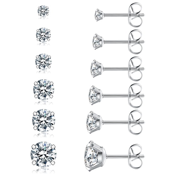 Aretes Wssxc 6 pares de aretes tipo botón de acero inoxidable con circonia cúbica, 3-8 mm
