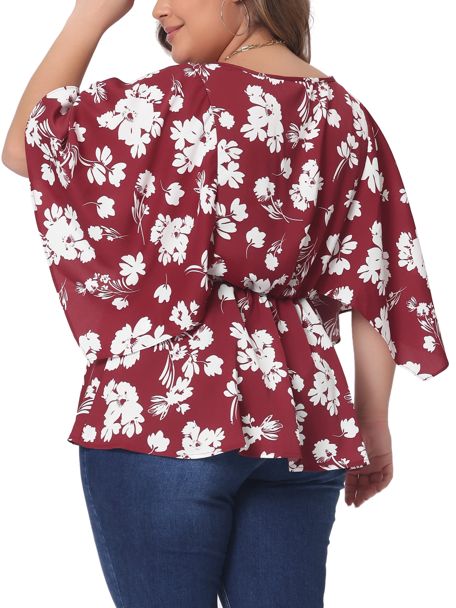 DARING DIVA Women's Plus Floral Flowy Sleeve Chiffon Blouses 3X Burgundy