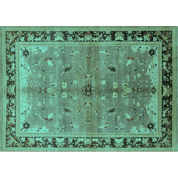 Ahgly Company Machine Washable Indoor Rectangle Oriental Turquoise Blue Traditional Area Rugs, 7' x 10'