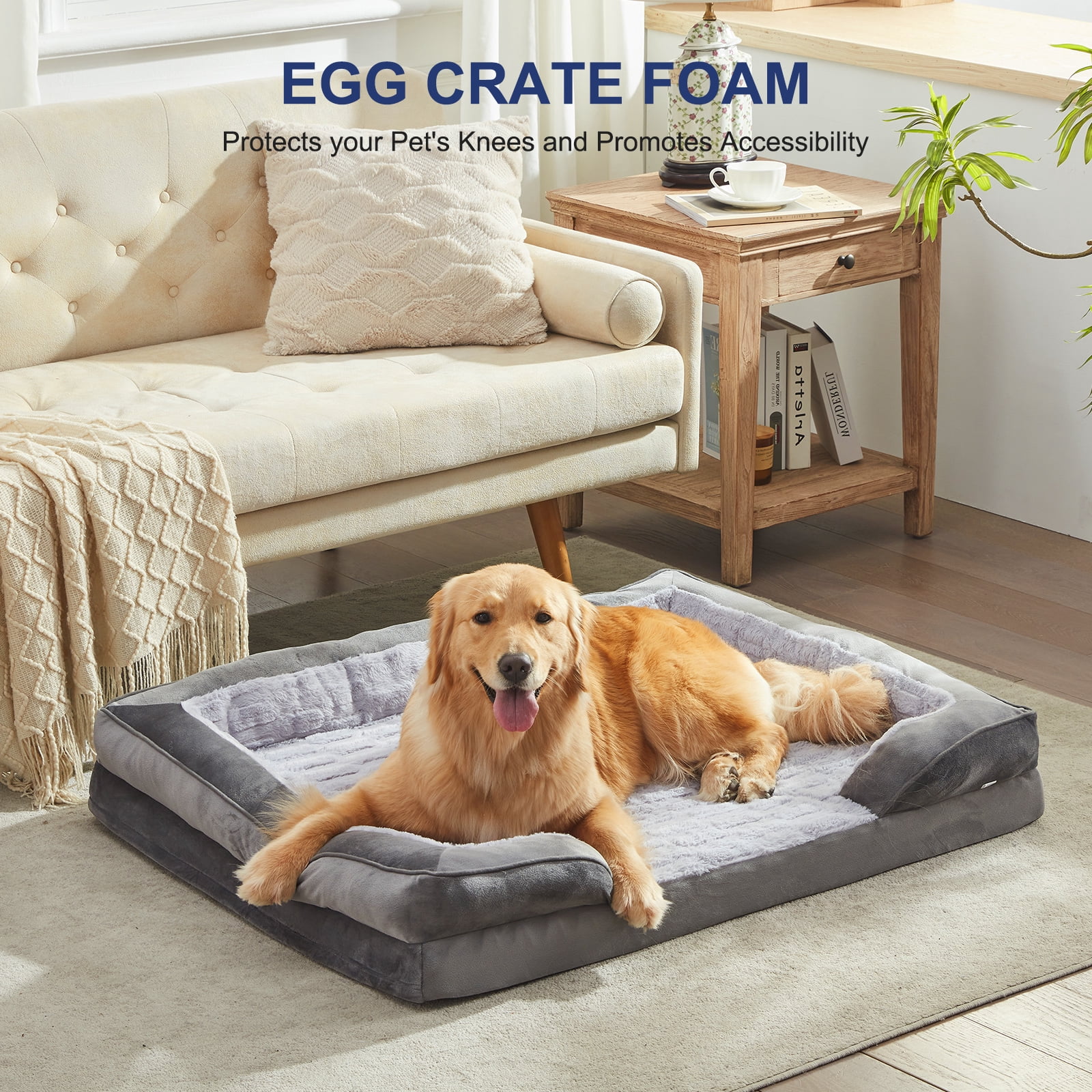 Extra Large Orthopedic Dog Bed, Waterproof Dog Couch Bed with Removable Washable Cover, Dog Sofa Bed X Large, Egg Crate Foam, Waterproof Lining, Nonskid Bottom, Gray, 42in