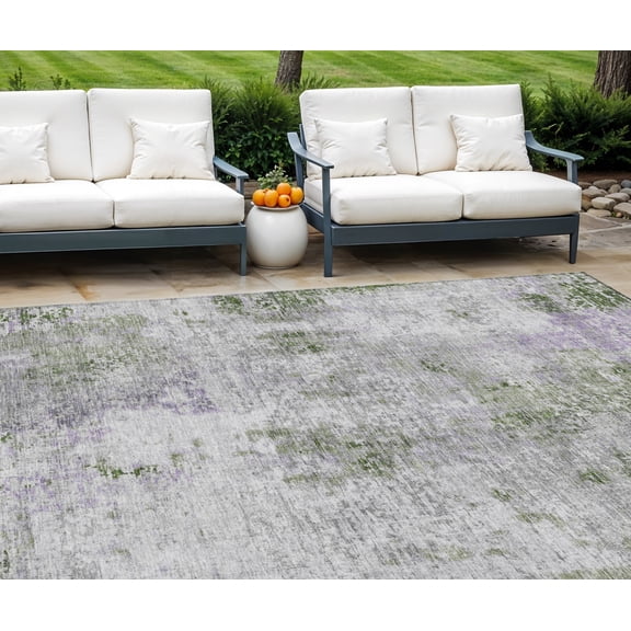 8' X 10' Olive Green And Gray Abstract Washable Indoor Outdoor Area Rug