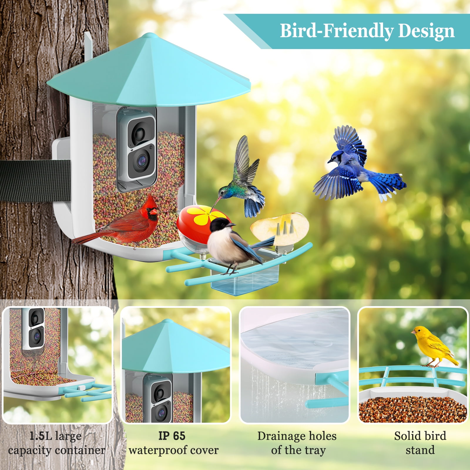 Gasky Smart Bird Feeder with Camera,AI Identify and Motion Detection, Wireless Outdoor Ideal for Family and Bird Lovers,Blue