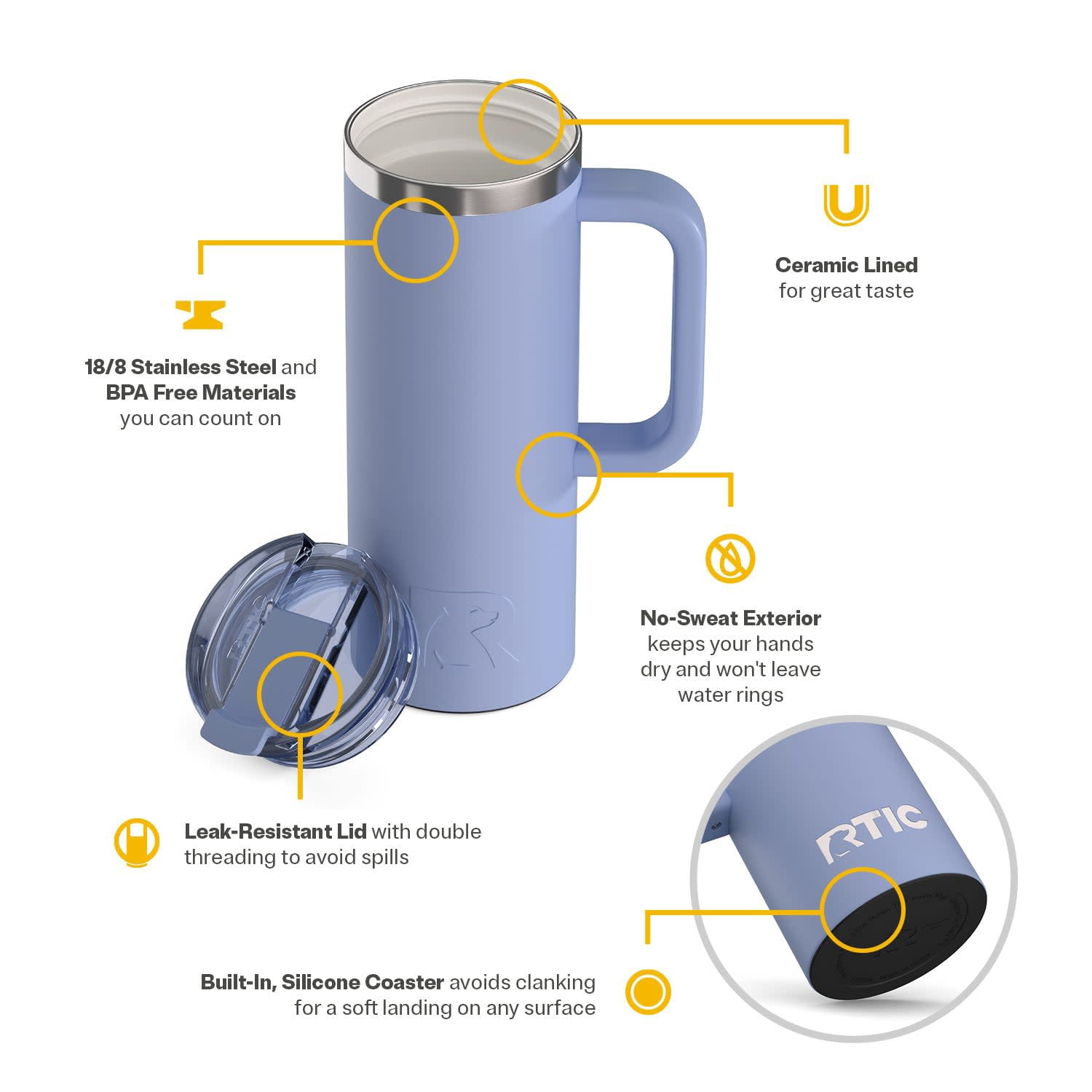 RTIC Road Trip 20 oz Ceramic Lined Leak-Resistant Lid Travel Mug, Periwinkle
