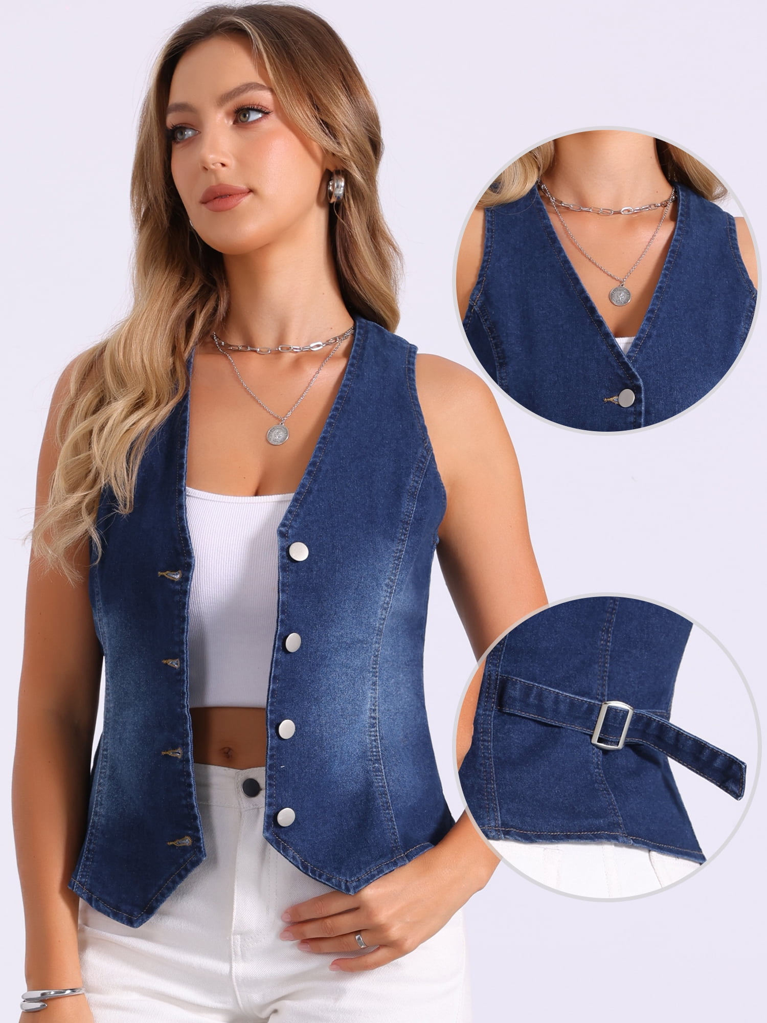 DARING DIVA Womens Denim Vest V Neck Button Down Jean Waistcoat Jacket L Dark Blue