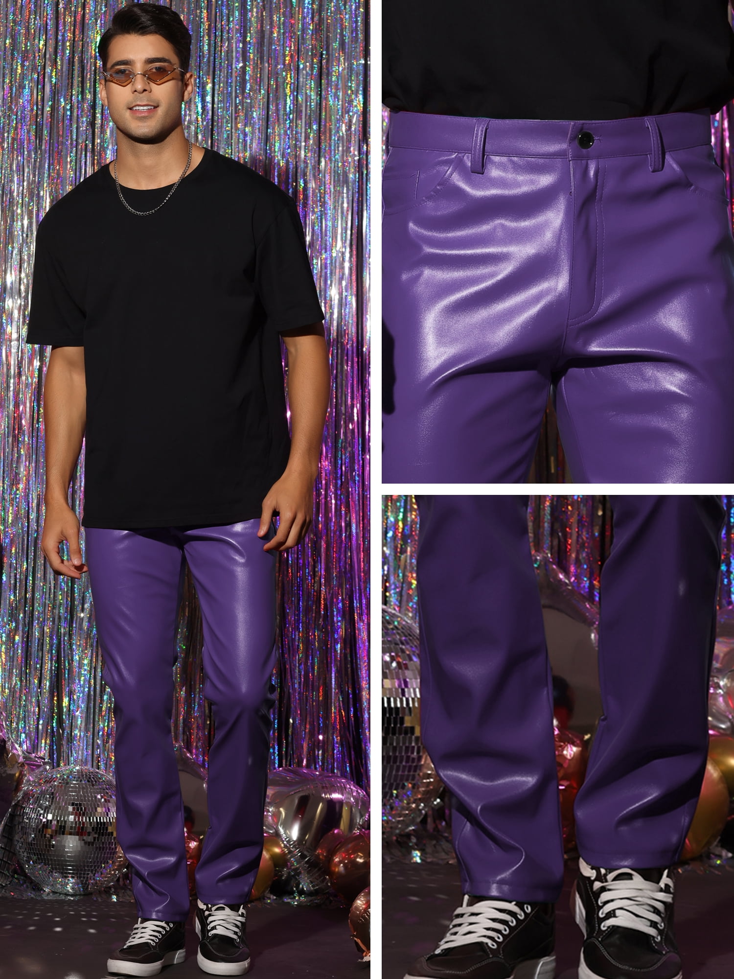 Unique Bargains Men's Faux Leather Pants Slim Fit Solid Nightclub Disco Trousers 36 Purple