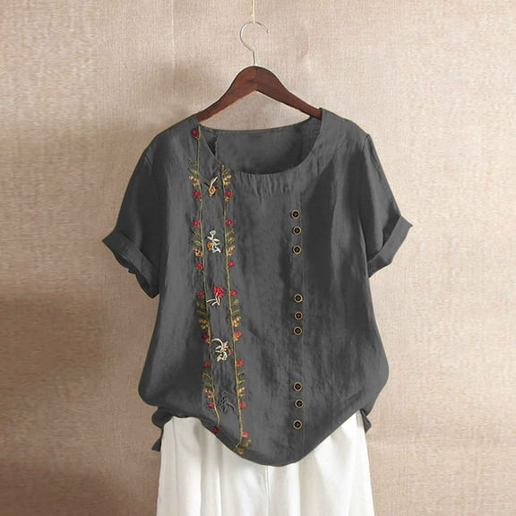 AOOCHASLIY Independence Day Linen Shirts for Women's Fashionable Cotton and Linen Short Sleeved Buttoned Tops Round Neck Foral Print T Shirt