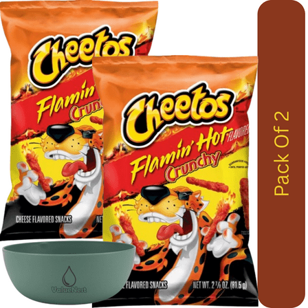 Cheetos Crunchy Cheese Flamin’ Hot Snacks, 3.25 oz Bag With Olive Green Bowl By ValueNest