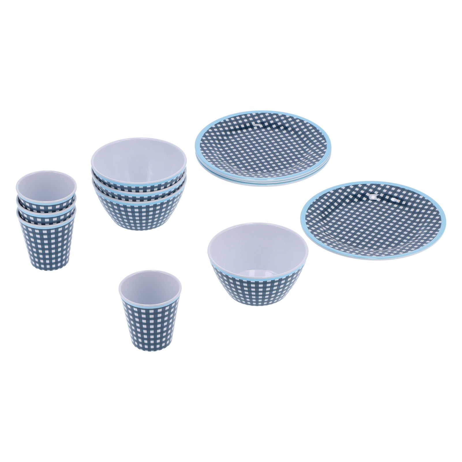 YAHHU 12-Piece Melamine Tableware Set, Dark Blue Grid Pattern Dinnerware Dishes Includes 4 Cups, 4 Bowls, and 4 Plates for Home Kitchen Restaurant Daily Use, Service for 4, Lightweight