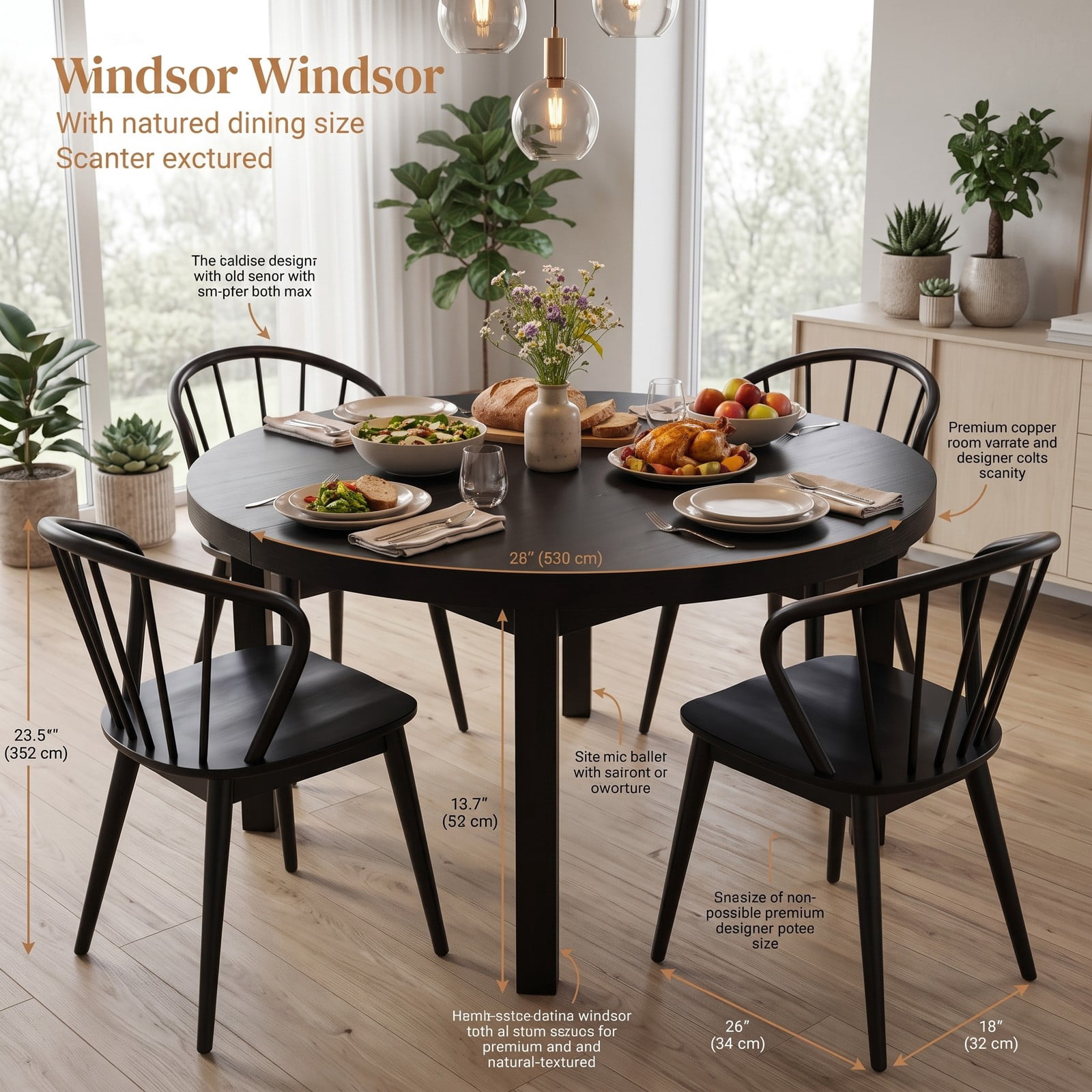 Furnibear Wooden Dining Chair Set of 2, High Spindle Back Kitchen Side Chairs with Wide Seat, Solid Rubber Wood Frame Armless Accent Chairs for Dining, Walnut Black