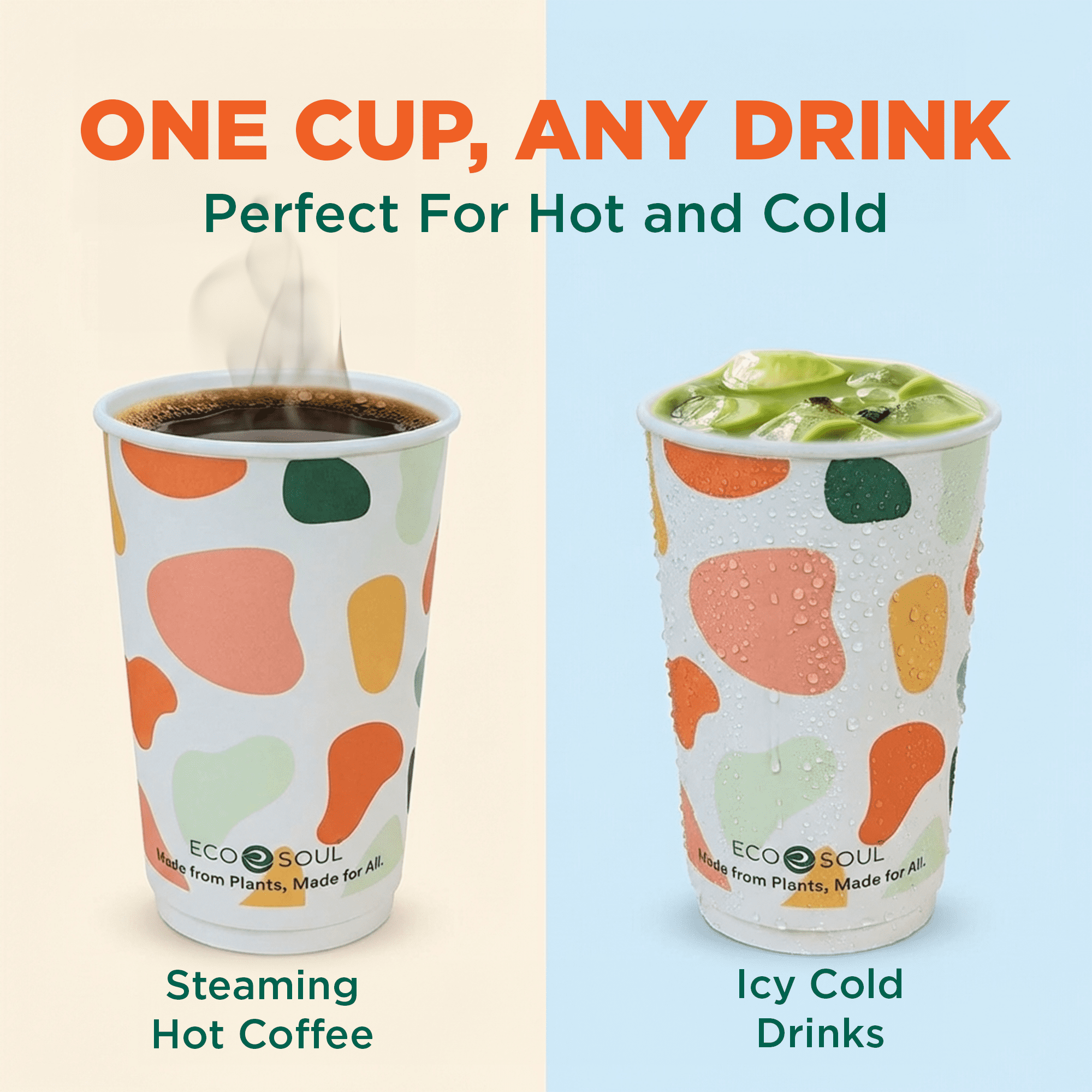 EcoSoul Compostable Hot and Cold Cups, Printed Plant-Based Disposable Cups, 16 oz, 50 Count