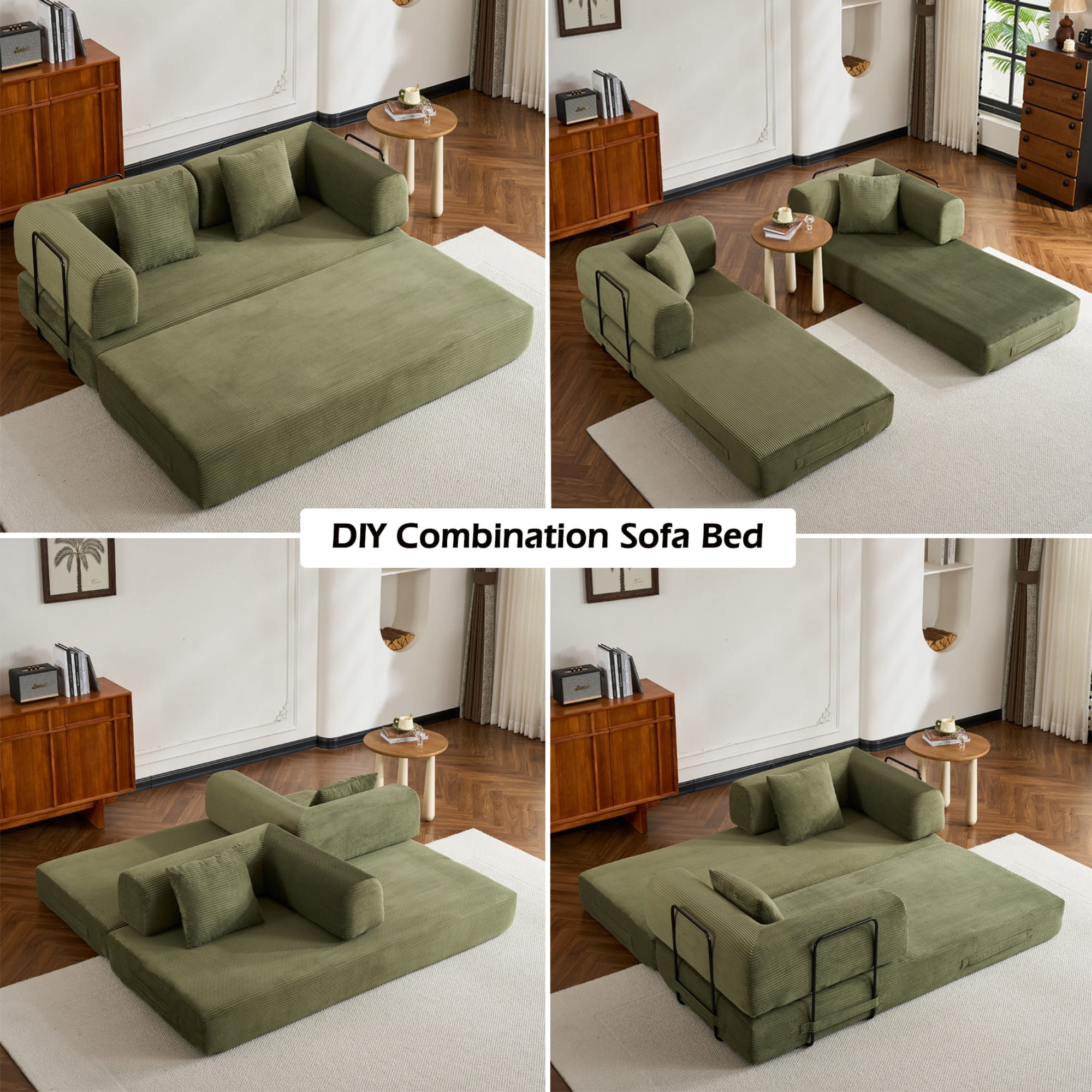 BSHTI 77" Corduroy Convertible Sleeper Sofa Bed with Cylindrical Pillow, No Assembly, Small Space for Living Room（Green）