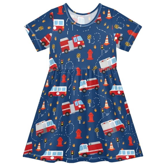 joogoo Fire Trucks Cartoon Girls' Short Sleeve Dress Kids Dresses 5-6T