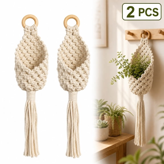 Macrame Plant Hanger, 17.7 Inch Boho Hanging Planter Basket for Indoor Plants, Rope Plant Holder for Wall and Ceiling, 2 Pack