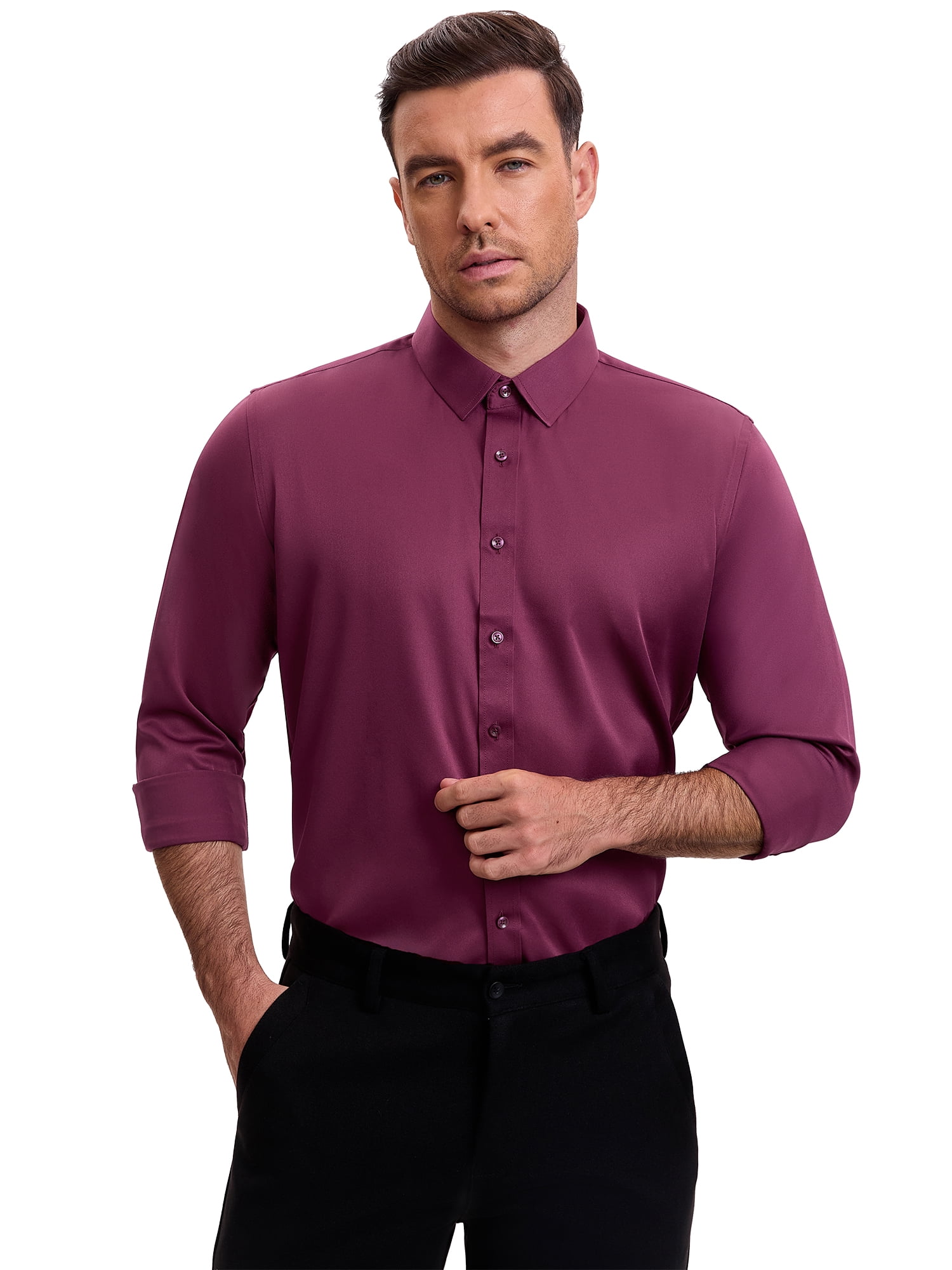 DARING DIVA Men's Point Collar Long Sleeve Button Down Formal Shirts M Burgundy