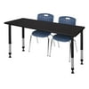 Kee 60" x 30" Height Adjustable Classroom Table - Mocha Walnut & 2 Andy 18-in Stack Chairs- Navy Blue