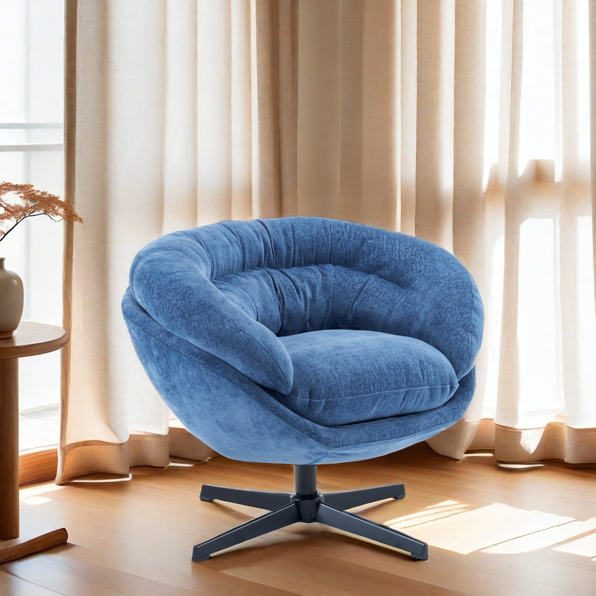 EUROCO 33" Ergonomic Chenille Swivel Chair,Cotton Accent Chair with Soft Thick Removable Cushion and Metal Base,360 Degree Swivel for Living, Bedroom, Reading Room,Antique Navy Blue