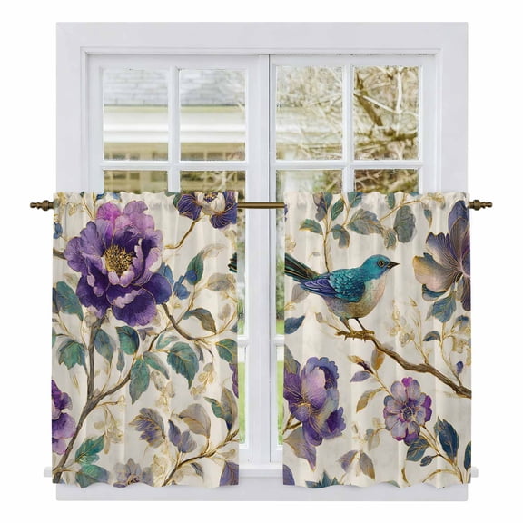 Farmhouse Flowers Kitchen Curtains 45 Inch Length, Country Spring Floral Branches Birds Tiers Curtains for Bathroom Bedroom Cafe, Light Filtering Small Window Treatment Drapes 2 Panels 42"Wx45"L