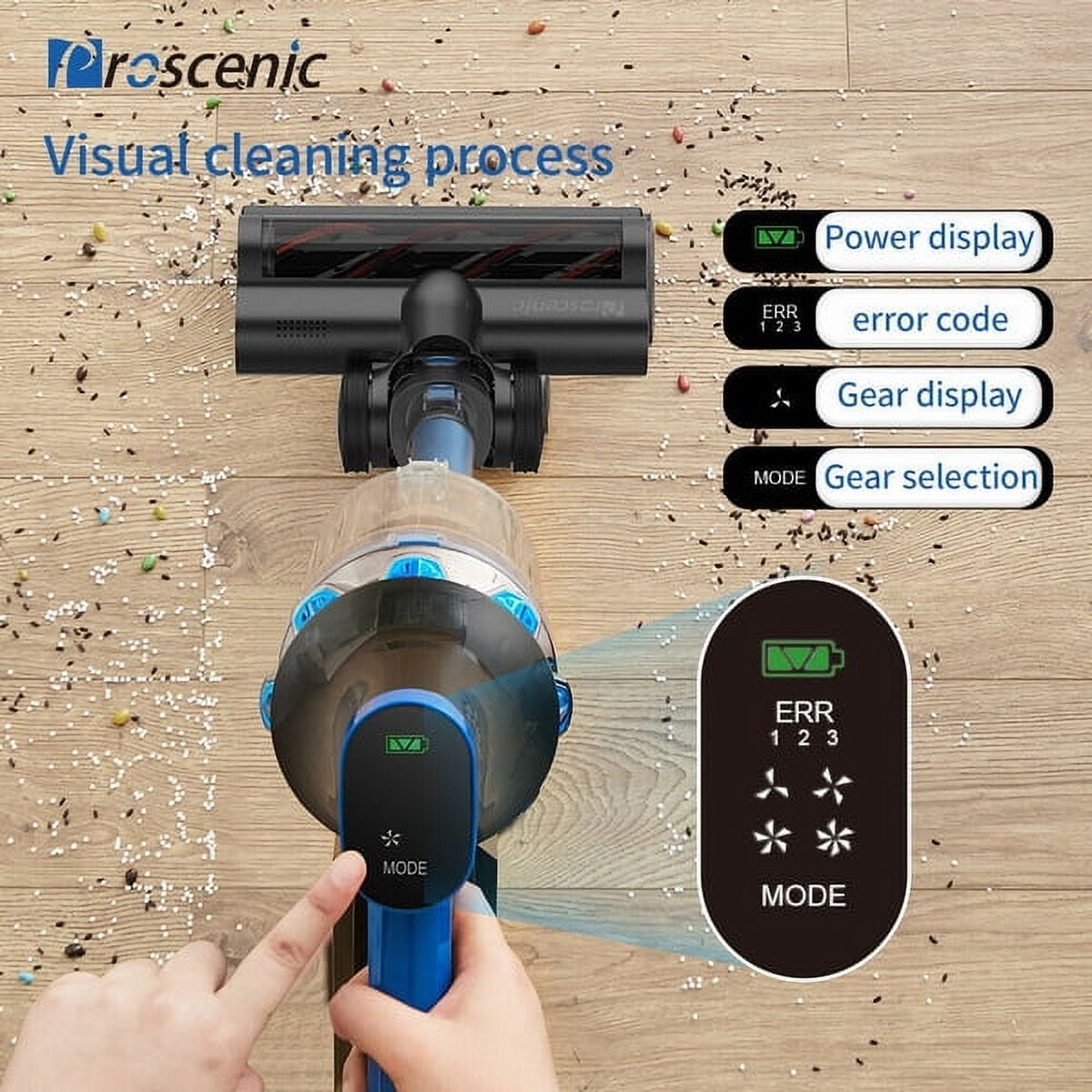  Proscenic P11 Cordless Cleaner, 450W Stick Vacuum with 25000pa  Powerful, Touch Screen, Removable Battery, 3 Adjustable Suction Modes for  Hardfloor/Carpet/Pet Hair, Gray