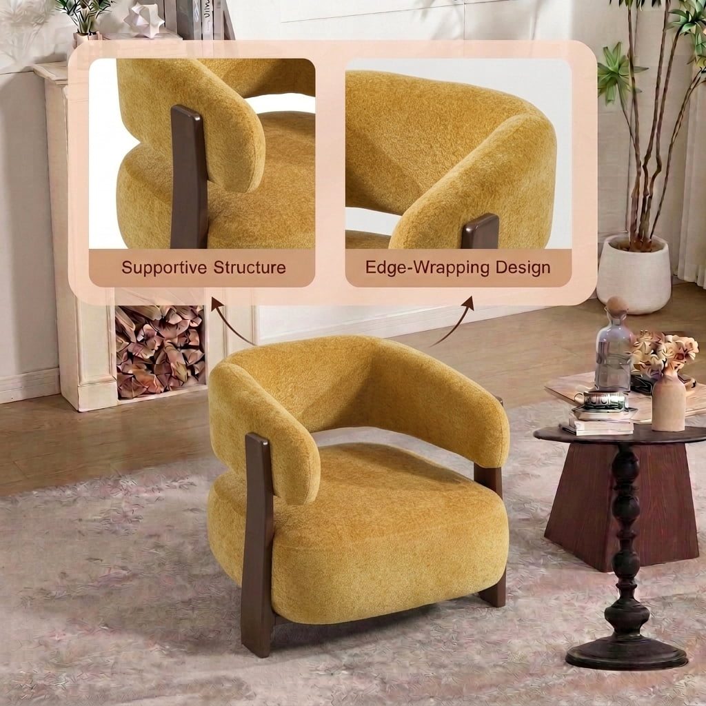 MOONMISS Boucle Accent Chair with Solid Wood Frame, Curved Arm Barrel Chair for Living Room, Bedroom & Office,Yellow