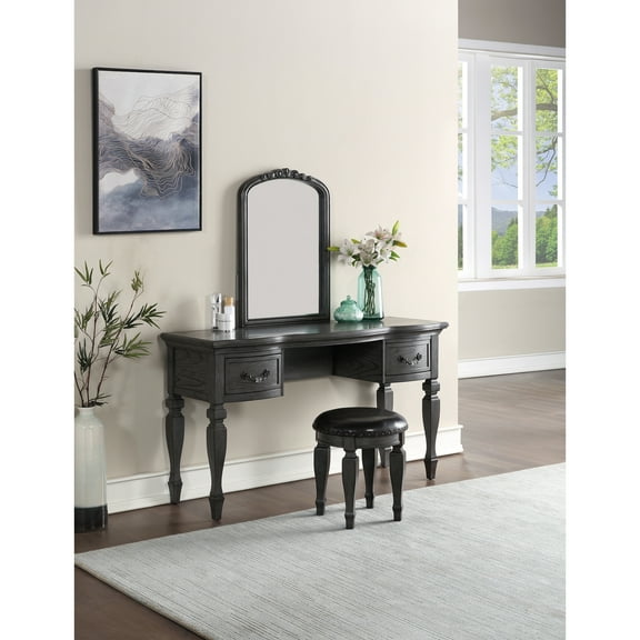 Contemporary Bedroom Vanity In Antique Grey With Wooden Drawers And Included Stool Classic Oak Wood Mirror Storage - Vintage