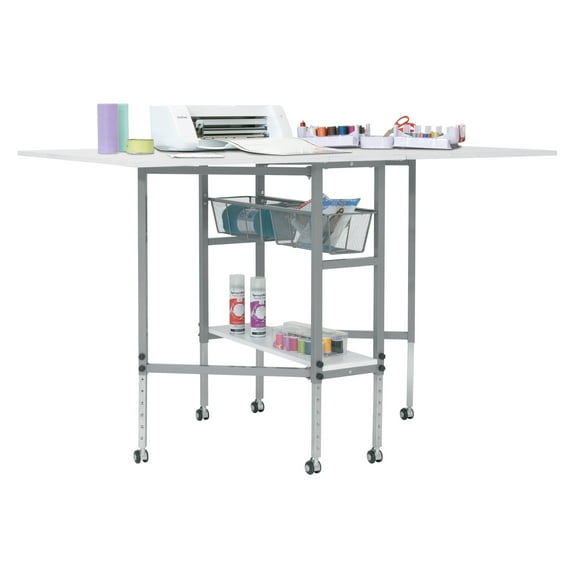 Sew Ready Hobby/Craft/Sewing/Fabric Cutting/ Multipurpose Table Height Adjustable with 60" x 36" Folding Top, Storage Shelf and Drawers