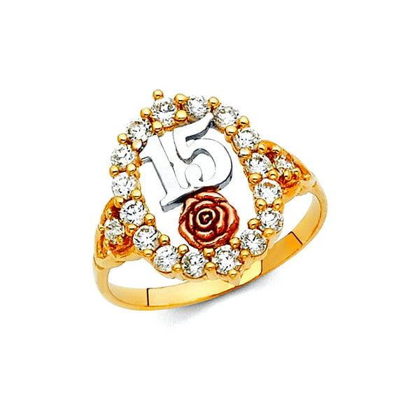 14k Yellow Gold and White Gold Cubic Zirconia Quinceanera Sweet 15 Years Ring Size 7 Ring for Women