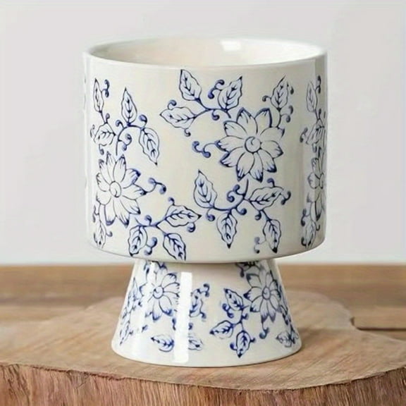 Vintage Chinese Floral Ceramic Planter - Tall Cup Shape with Drainage Hole, Blue/White Indoor Pot for Succulents & Orchids, 4.41x5.51in Home/Office Decor