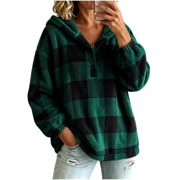 Staron Plaid Hoodies for Women Casual Oversized Long Sleeve Hooded Sweatshirt Button Down Checkered Patterned Loose Comfy Fall Winter Coat Cardigan Jacket Army Green L
