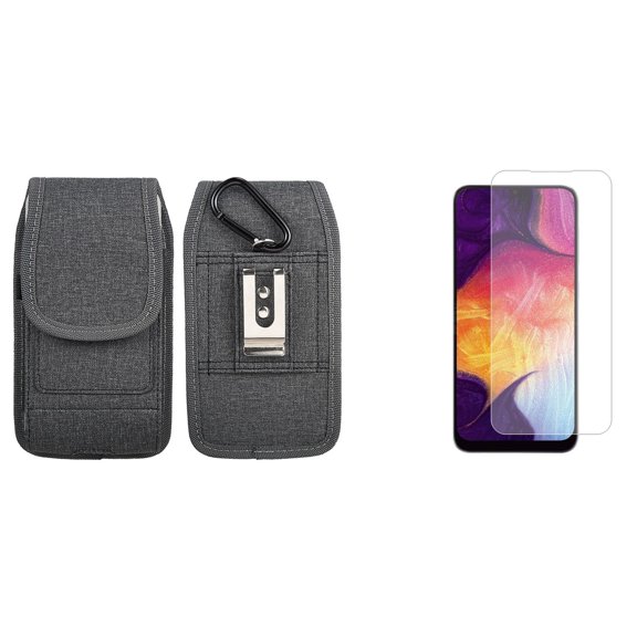 Holster and Screen Protector Bundle for Nokia C100: Vertical Belt Pouch Case Nylon Fabric (Grey) and (2-Pack) Tempered Glass Shield