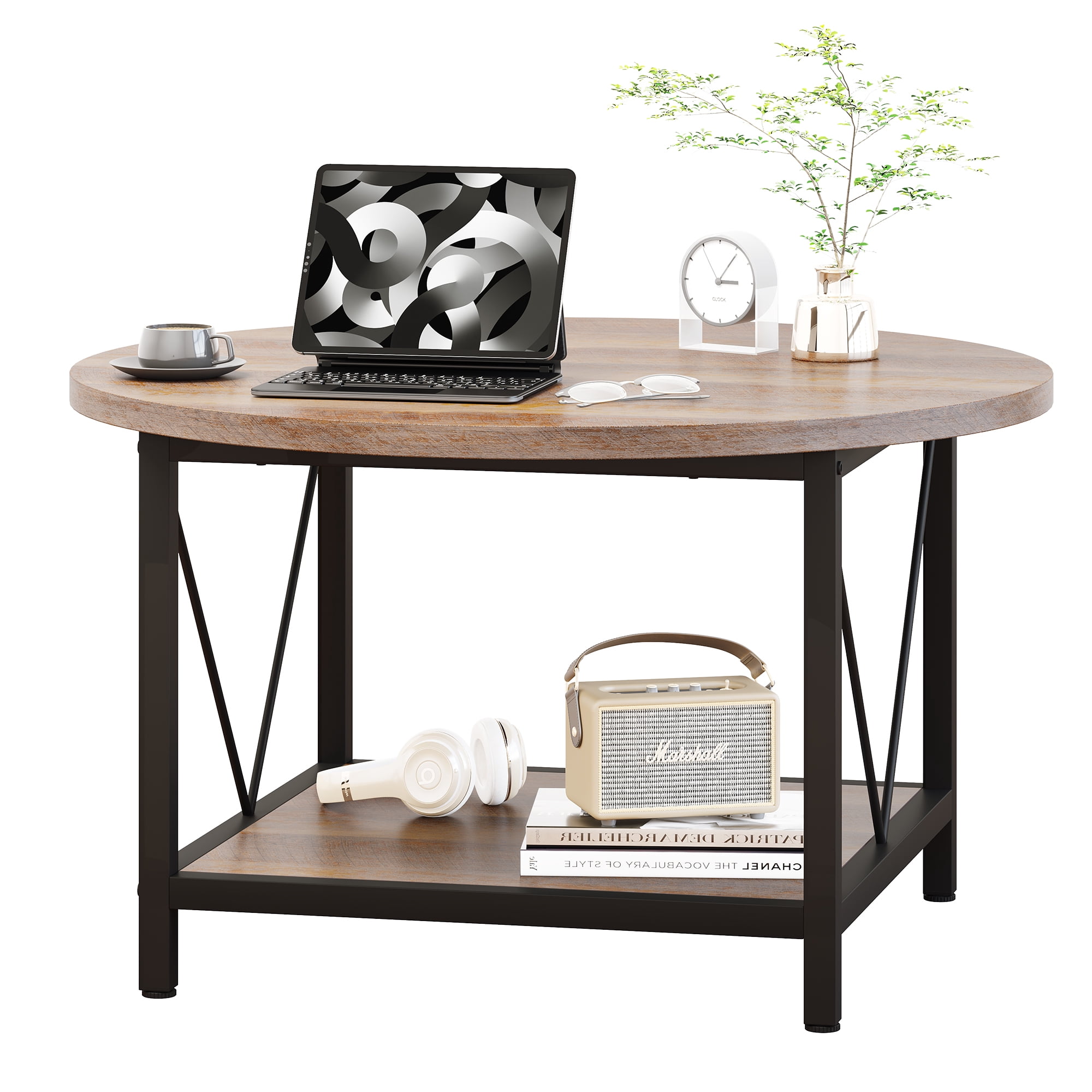 Dextrus Round Coffee Table with Storage, Rustic Living Room Tables with Sturdy Metal Legs, Gray Wash