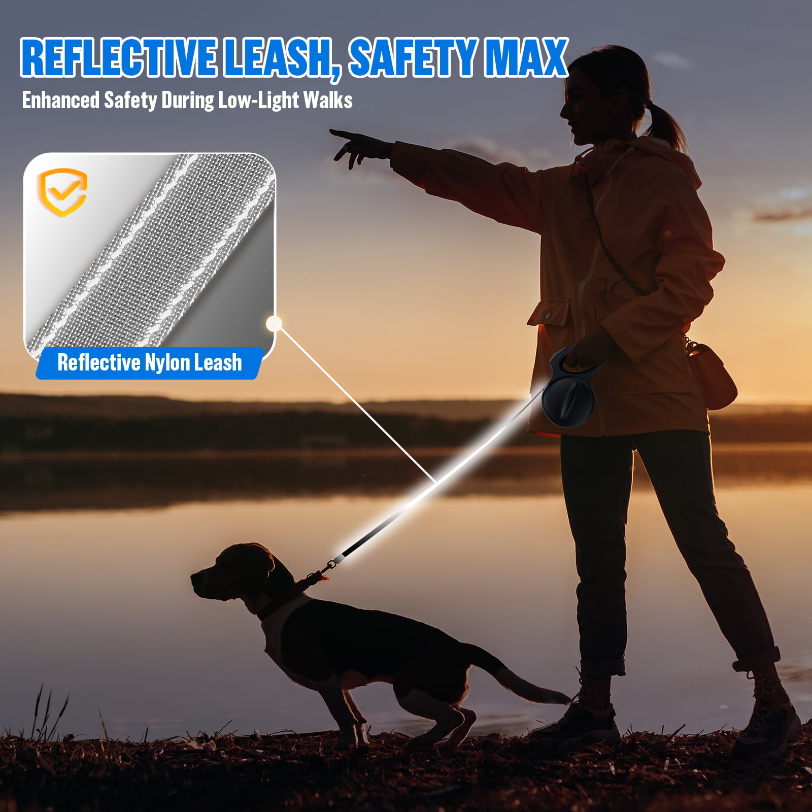 LAKWAR Dog Leash Restractable-Autobrake Pet Leash for Walking Tangle Free/16.4 ft Strong Nylon Tape /One-Handed/Black