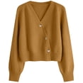 thumbnail image 2 of Women's Solid Color V-neck Breasted Short Loose Cardigan Sweater Jacket for Fall Winter Lightweight Outerwear,Brown,One Size, 2 of 5